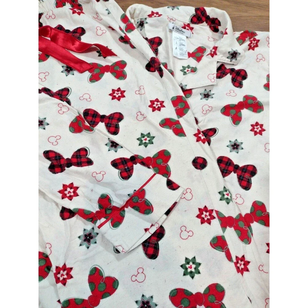 Disney Parks Pajamas Women's L  2 Piece Set Flannel Minnie Mouse Bows Holiday - Picture 3 of 10